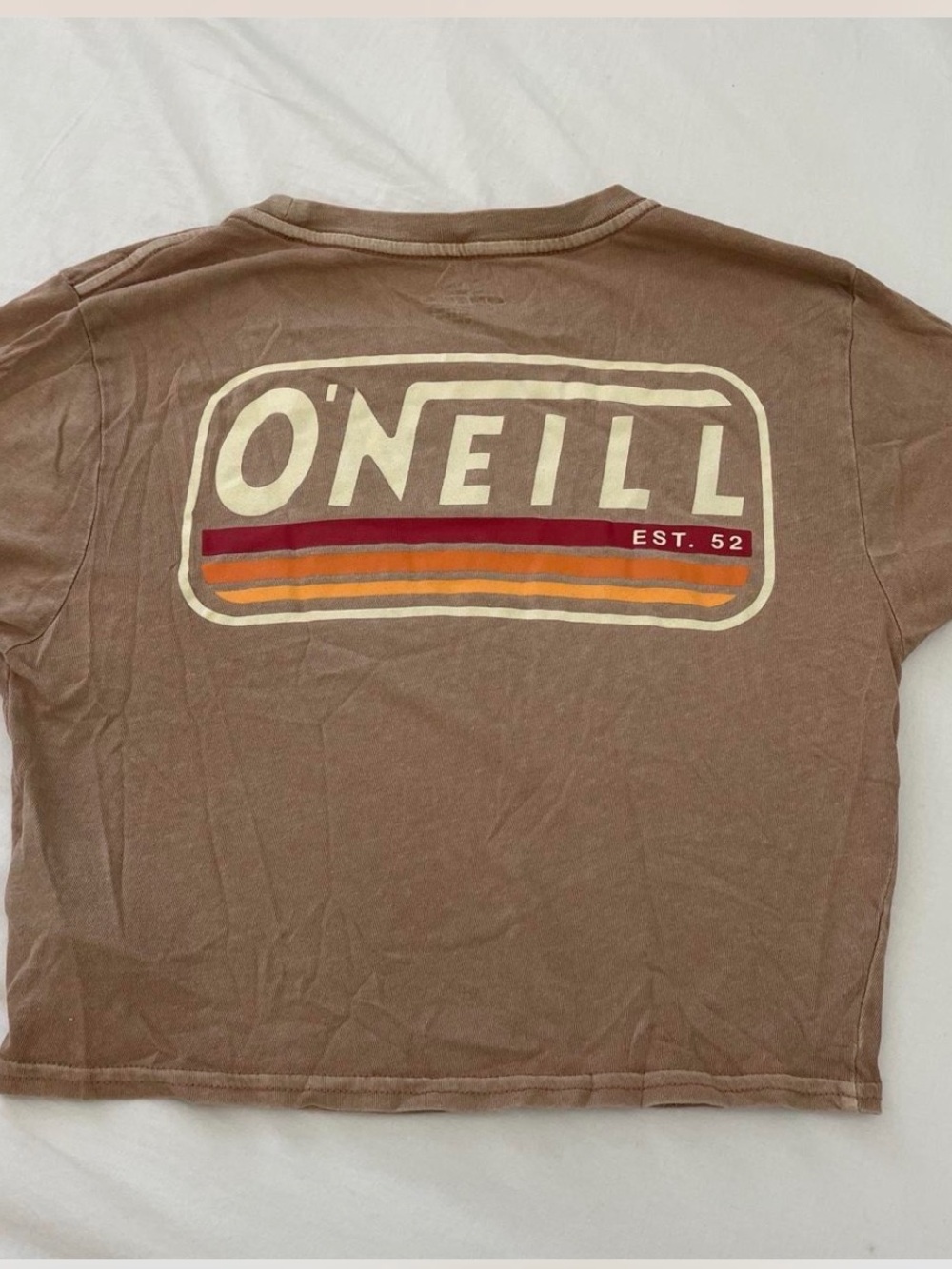 O'Neill crop T shirt. vintage Brown with Cream Logo and Red-Orange Stripes